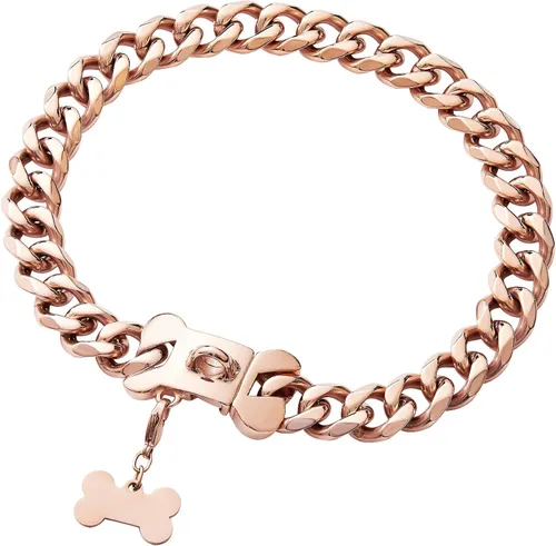 Miniatura 2 de Collar de perro resistente de acero inoxidable con eslabones cubanos de oro rosa para perros pequeños, medianos y grandes, collar de lujo para perro