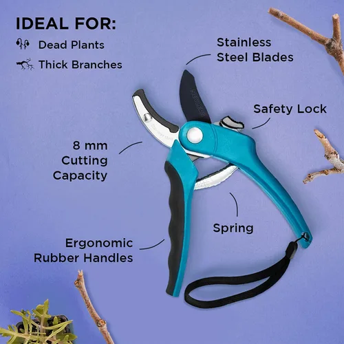 Miniatura 3 de Nevlers Tijeras de podar de yunque azul de 8 pulgadas resistentes Podadoras de mano para jardinería con cuchillas de acero, bloqueo de seguridad