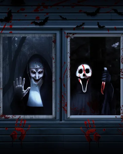 Paquete de 2 cubiertas de miedo para puerta de ventana de Halloween, hermana, fantasma, decoración de Halloween, decoraciones de fiesta