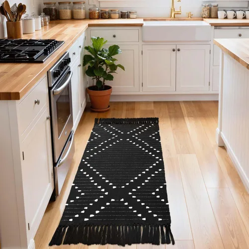 Miniatura 17 de LIVEBOX - Alfombra boho negra de 5 x 7 pies, grande y lavable para sala de estar, alfombra de algodón marroquí para dormitorio, interior y exterior