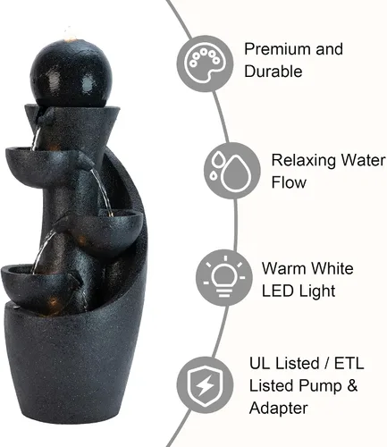 Miniatura 5 de Glitzhome Fuente de agua para exteriores con luz LED y bomba, moderna fuente de poliresina de 5 niveles y esfera para exteriores, fuente de cascada