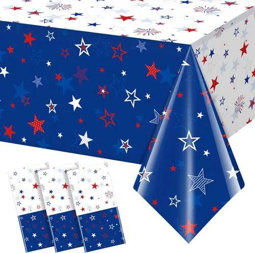Paquete de 3 manteles patrióticos decorativos para el Día de la Independencia del 4 de julio, fundas de plástico impresas con estrellas y fuegos
