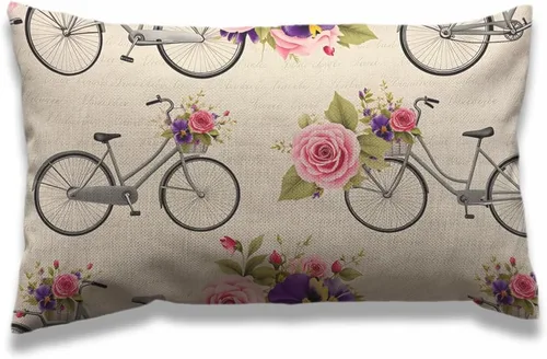 AOYEGO Funda de almohadón de bicicleta 12x20 pulgadas, diseño vintage rústico de rosa de jardín, flor rosa en bicicleta, fundas de almohada