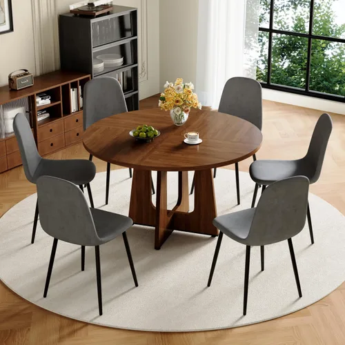 Miniatura 8 de Juego de mesa de comedor redonda de 47 pulgadas para 4, mesa de grano de madera de nogal y 4 sillas tapizadas de piel sintética negra, juego de mesa
