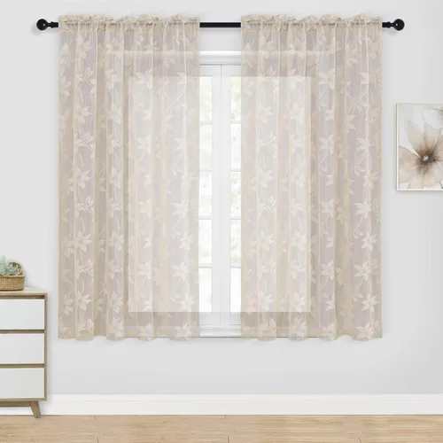 Miniatura 25 de DWCN Paquete de 2 cenefas de encaje floral para cocina, 52 x 18 pulgadas, con bolsillo para barra, cortina de gasa para ventana pequeña, cocina