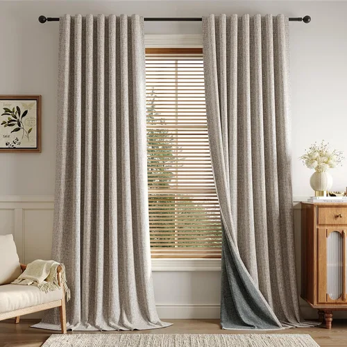 Miniatura 16 de Rinwoc - Cortinas 100% opacas para dormitorio, cortinas con aislamiento térmico de 1.6 m de longitud, 2 paneles, lino texturizado de estilo granja