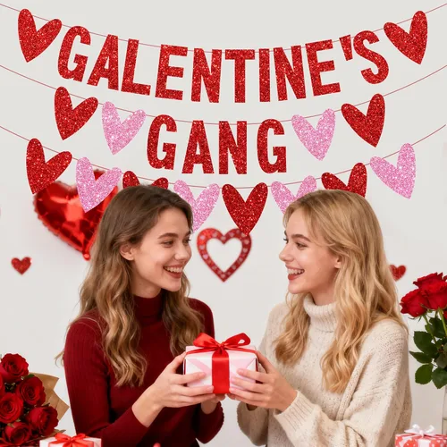 Miniatura 4 de 3 piezas de decoración del día de los galentinos, pancarta con purpurina de la banda de Galentine con guirnalda de corazón de amor, decoración