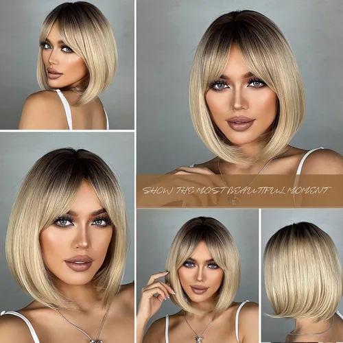 Miniatura 3 de HAIRCUBE Peluca corta estilo Bob rubio ceniza ombré con raíz oscura con flequillo, pelucas sintéticas hasta el hombro para mujer