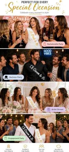 Miniatura 3 de Brosash Juego de bandas de novia y novio, bandas de satén blanco y negro para fiesta de compromiso, regalos de despedida de soltera, boda, despedida
