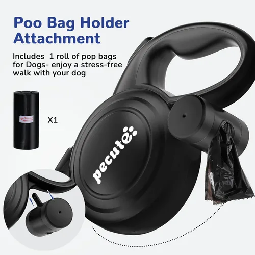 Miniatura 7 de Correa retráctil para perro de 32 pies con tiras reflectantes, control de un botón y material de nailon resistente, correa larga retráctil