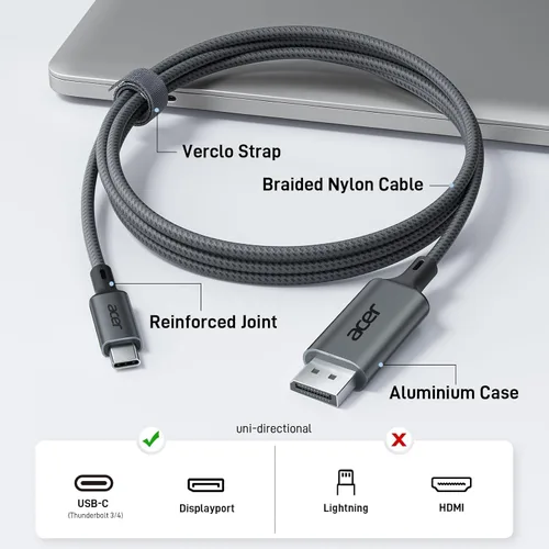 Miniatura 5 de acer Cable USB C a DisplayPort de 6.6 pies (4K @60 HZ 2K a 165 Hz), cable tipo C a DisplayPort (aluminio resistente, Plug & Play) Thunderbolt 3/4/5
