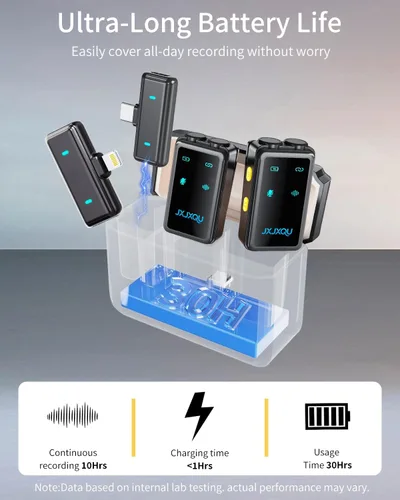 Miniatura 5 de Micrófono Lavalier inalámbrico para iPhone: micrófono JXJXQU con reducción de ruido inteligente, efecto de reverberación, batería de 30 H+, diseño