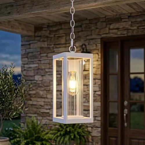 Lámpara colgante para exteriores, lámpara colgante exterior para porche, lámpara colgante ajustable blanca de 14.3 pulgadas, lámpara de techo para