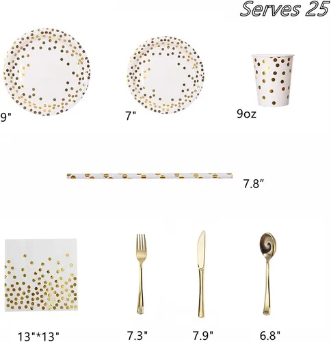Miniatura 2 de 200 piezas de suministros para fiestas dorados - Platos de papel y servilletas dorados, cubiertos, tazas, sirve para 25 conjuntos para bodas, Punto