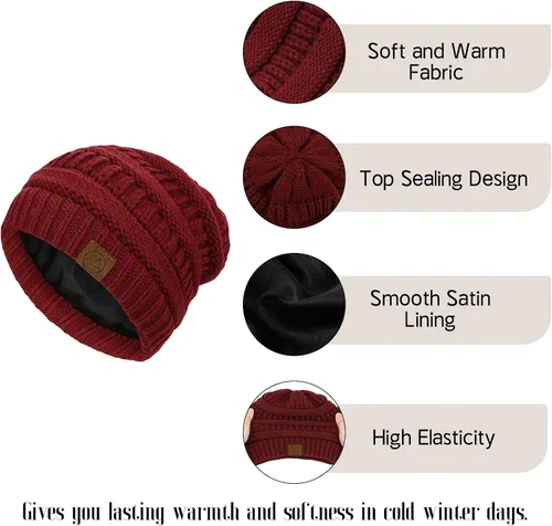 Miniatura 3 de Gorros de invierno con forro de satén para mujer, gorro de invierno con forro de seda para invierno, cálido gorro de punto con puños