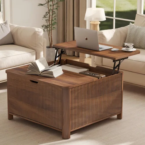 Miniatura 12 de LYNCOHOME Mesa de Centro con Tapa Elevable Acanalada con Almacenamiento, Mesa de Centro Moderna para Sala de Estar, Oficina en Casa (Natural)