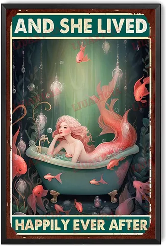 LIUAXICIA Letrero de lata retro con diseño de sirena y ella vivió feliz para siempre, para decoración del hogar, 8 x 12 pulgadas, pintura de lata