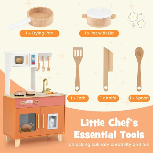 Miniatura 7 de Costzon Cocina de juego para niños, juego de cocina Little Chef con microondas, estufas, pomos de rotación, dispensador de hielo, grifo, fregadero