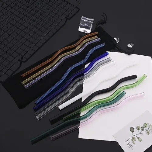 Miniatura 3 de JASHII Pajitas de vidrio onduladas incoloras, 8 pajitas de vidrio reutilizables de 7.87 x 0.31 pulgadas con bolsa negra, multicolor para beber