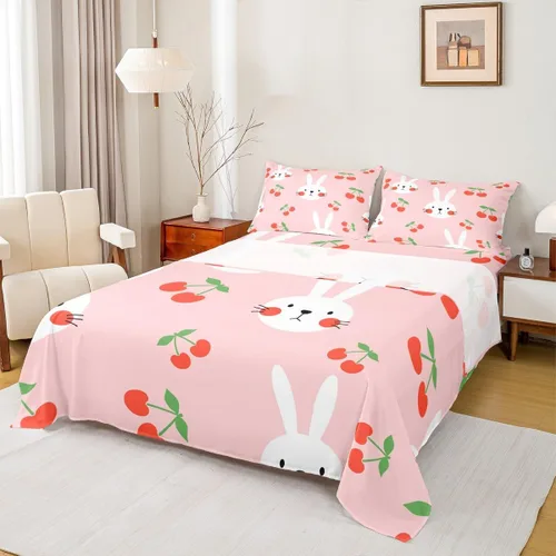 Juego de sábanas de conejo para niñas, decoración de habitación kawaii, lindo juego de ropa de cama de conejo pequeño, tamaño individual, juego de