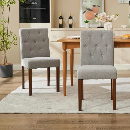 Miniatura 19 de Juego de 2 sillas de comedor tapizadas, sillas laterales de cocina de tela moderna con patas de madera resistentes, diseño Parsons, cómodo lino