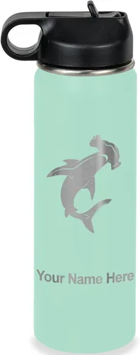 Miniatura 53 de LaserGram Botella de agua personalizada, tiburón martillo, acero inoxidable de doble pared aislada al vacío con popote superior, regalo grabado
