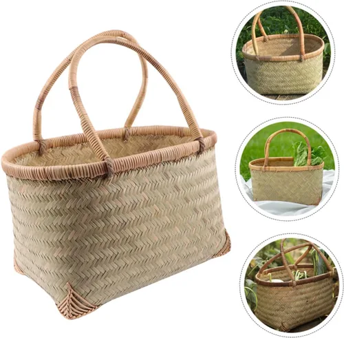 Miniatura 8 de Cesta de mano tejida Cesta de frutas Cesta de picnic al aire libre vacía Cesta de bambú Cesta tejida de bambú multiusos Cesta multiusos