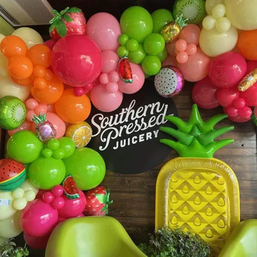 Miniatura 5 de Kit de arco de guirnalda de globos de frutas rosa, rojo, amarillo, verde, naranja, globos de aluminio con sandía, fresa, limón y naranja, globos