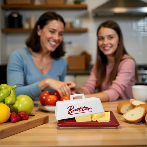 Miniatura 6 de Mantequillera de cerámica con tapa, plato de mantequilla roja con tapa para encimera y refrigerador, bandeja de mantequilla roja, recipiente