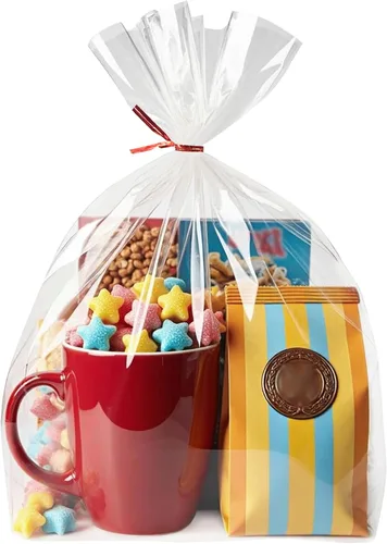 Morepack Bolsas de celofán de fondo plano, 100 unidades, 10 x 4 x 14 pulgadas, bolsas de regalo de celofán de fondo plano transparente con lazos