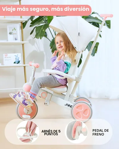 Miniatura 5 de JMMD - Triciclo para bebé 7 en 1 plegable con mango ajustable para padres, arnés de seguridad y frenos de rueda, toldo extraíble, triciclo de paseo