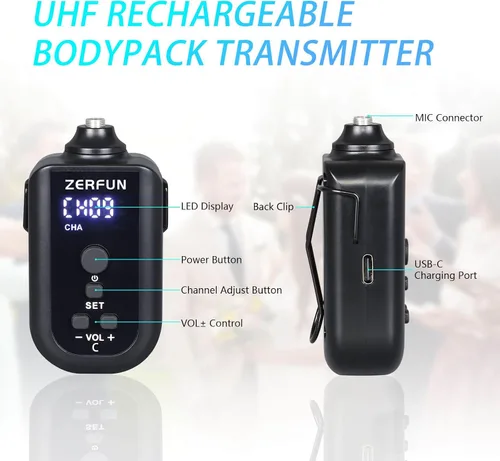 Miniatura 5 de Sistema de Micrófono Inalámbrico Recargable de 4 Canales, Micrófono de Mano de Metal UHF Profesional con Auriculares y Micrófono de Solapa Lavalier