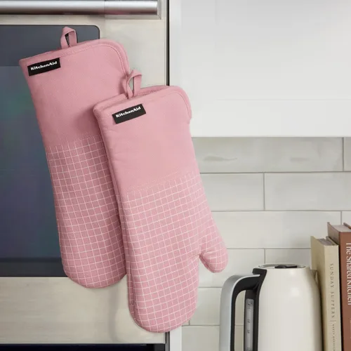 Miniatura 5 de KITCHENAID Gourmet Series Gridlines - Juego de 2 guantes de horno resistentes al calor hasta 600 °F, agarre de silicona suave, puño magnético, rosa