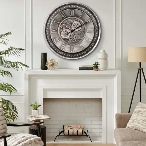Miniatura 4 de CLXEAST Reloj de pared grande de 24 pulgadas con engranaje móvil para decoración de sala de estar, relojes de pared con números romanos de metal
