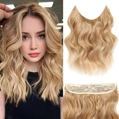 Miniatura 53 de Extensiones de cabello con halo de 12 pulgadas con alambre invisible, cabello largo ondulado ajustable, sintético, mejora con 4 clips de seguridad