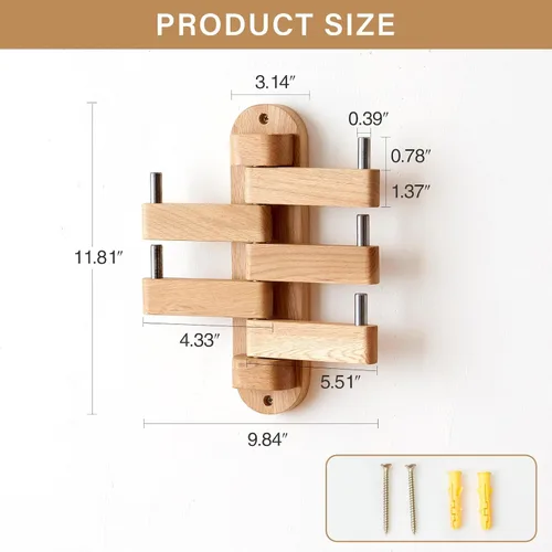 Miniatura 3 de Perchero giratorio de roble con ganchos para abrigos, ganchos de pared de madera con 5 brazos plegables giratorios, perchero de pared de 30 cm