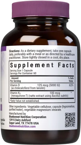 Miniatura 2 de Bluebonnet Nutrition Vitamina D3 y K2, sin soja, para huesos fuertes y saludables*, sin gluten, sin OMG, sin lácteos, certificado Kosher