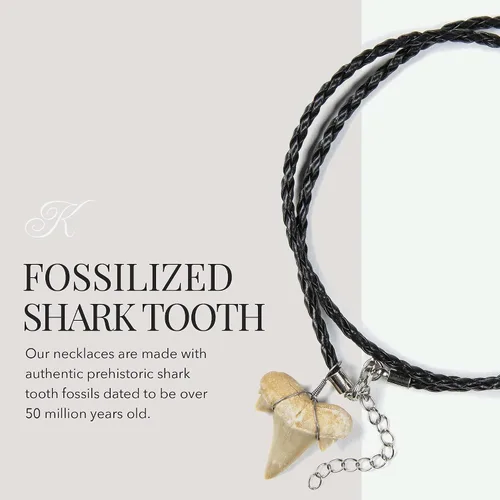 Miniatura 4 de KALIFANO Collar de dientes de tiburón fosilizado, auténtico colgante prehistórico de dientes de tiburón en cordón de cuero trenzado de 18 pulgadas