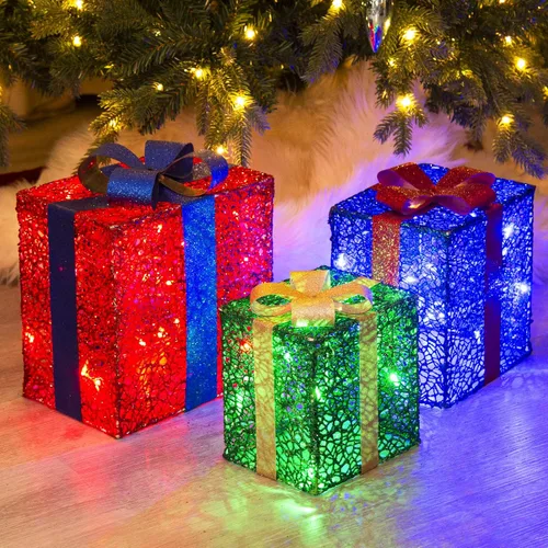 Miniatura 10 de PEIDUO Cajas de regalo iluminadas de Navidad, juego de 3, decoraciones de regalo al aire libre, paquetes debajo del árbol para interiores, fiestas