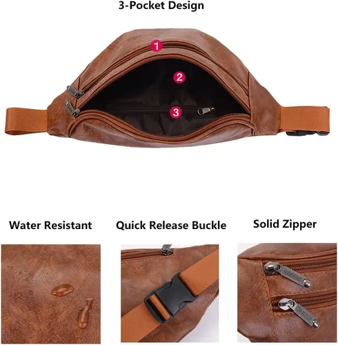 Miniatura 4 de Ausion Riñonera de cuero para hombres y mujeres, cangurera para senderismo, correr, viajes, múltiples bolsillos - Riñonera con cremalleras Marrón