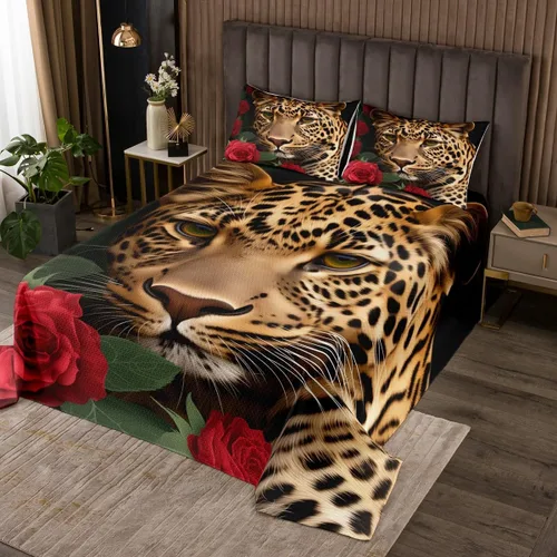Miniatura 22 de Erosebridal Juego de edredón de león, color turquesa, verde azulado, rosa para mujeres y hombres, juego de colcha de flores de animales salvajes