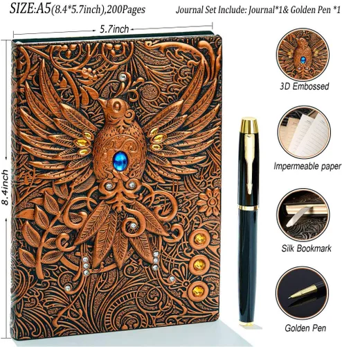 Miniatura 2 de Diario de escritura vintage de piel en relieve 3D Phoenix con juego de bolígrafos dorados, tamaño A5, 200 páginas, cuaderno de bocetos antiguo hecho