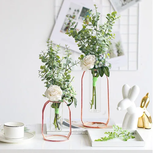 Miniatura 2 de FSyueyun Florero de oro rosa para decoración del hogar con estante de metal, jarrones de vidrio dorado para centros de mesa, jarrones de brote