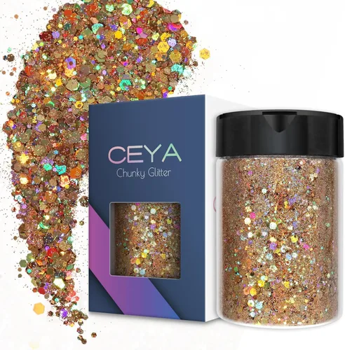 Miniatura 9 de Ceya Brillantina gruesa holográfica, 1 libra/16 onzas, oro diamante a granel, purpurina mixta gruesa y fina embotellada con lentejuelas metálicas