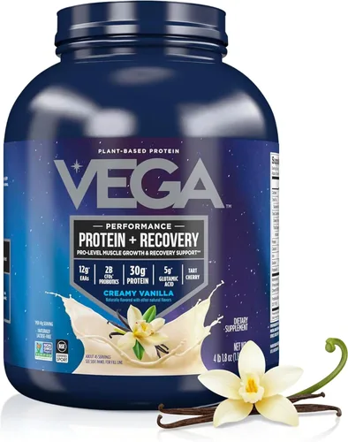 Vega Sport proteína en polvo vegana + recuperación - 30g de proteína a base de plantas por porción, vainilla, 45 porciones, 5g de BCAA, probióticos,