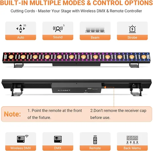 Miniatura 5 de Barra de luz de escenario alimentada por batería: 150W 3IN1 RGBW cambio de color - Inalámbrico 2.4G DMX y control remoto - Efectos estroboscópicos