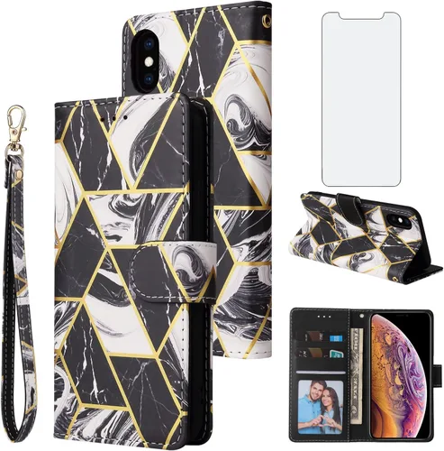 Asuwish Compatible con iPhone Xs X 10 10s Funda tipo cartera y protector de pantalla de vidrio templado Funda de cuero con tapa para iPhone X