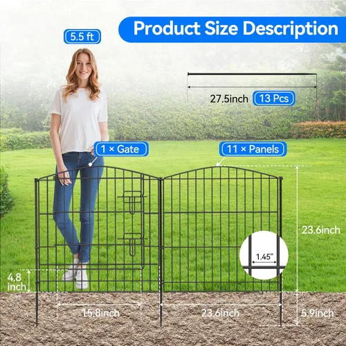 Miniatura 2 de INJOPEXI Valla de Jardín 12 Paneles 23.6 pies (L)×24 pulg (H) Vallas Decorativas de Jardín con 11 Paneles de Valla + 1 Puerta Alambre Resistente a