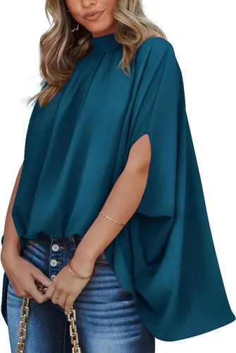 Miniatura 26 de BTFBM Blusas de verano para mujer, cuello alto falso, manga murciélago, holgadas, dobladillo alto y bajo, blusas informales de gran