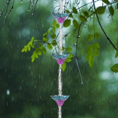 Miniatura 6 de Cadenas de lluvia de 10 pies para exterior, cadena de canalón de lluvia con 12 copas de flores, cadena de captura de agua de lluvia ajustable